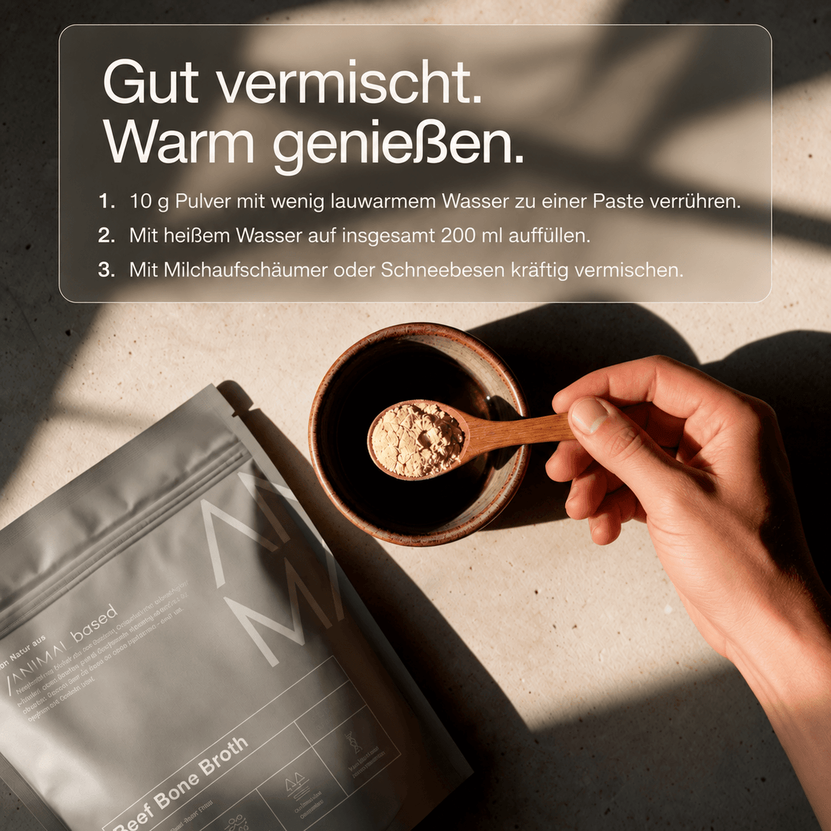 Darstellung der Naehrstoffe von Beef Bone Broth von Animal Based, 500 Gramm für 50 Portionen