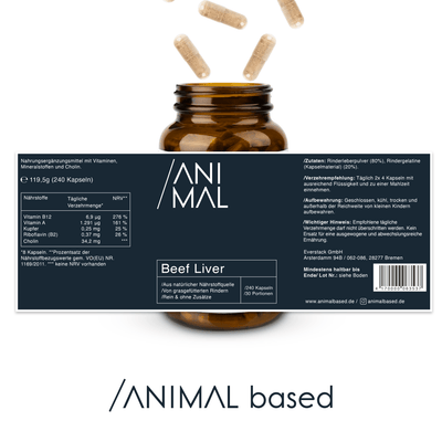 Darstellung der Naehrstoffe von Beef Liver Capsules von Animal Based, 240 Kapseln für 30 Portionen