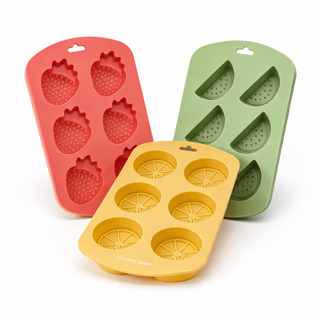 Pandilla de frutas: set de 3 moldes de silicona para gominolas, helados y chocolate